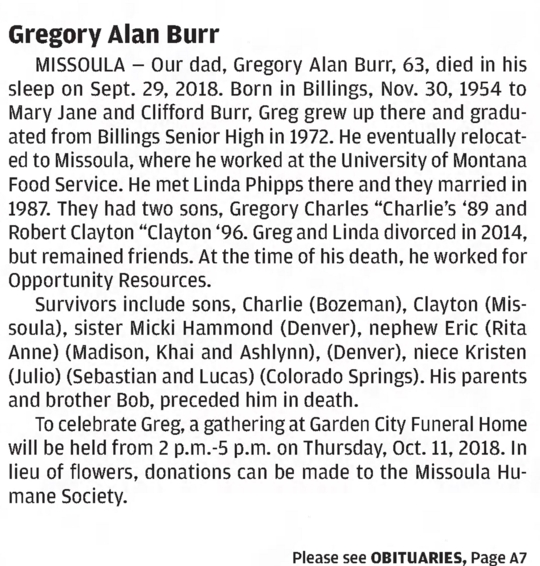 Gregory Burr (Deceased), Billings, MT Montana